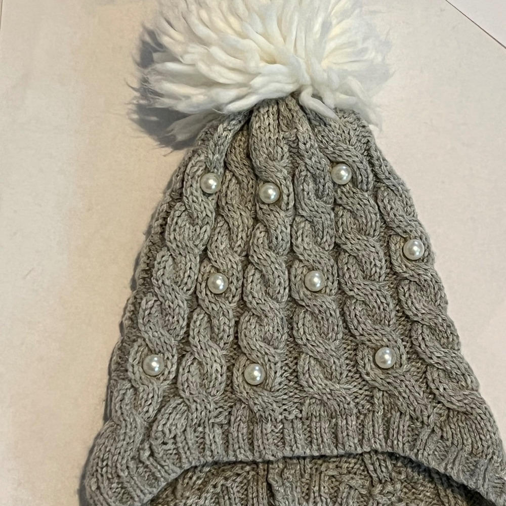 Nicole Miller New York Grey Cable Knit Pearl Beanie Pom Pom Ear Flap Hat 0-6M